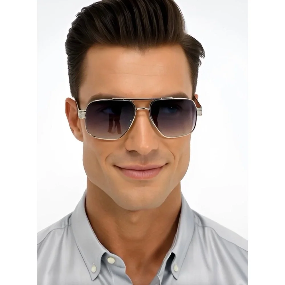Mens‎ Sunglasses Silver Metal Frame Gradient Lens Double Bridge Aviator Outfit